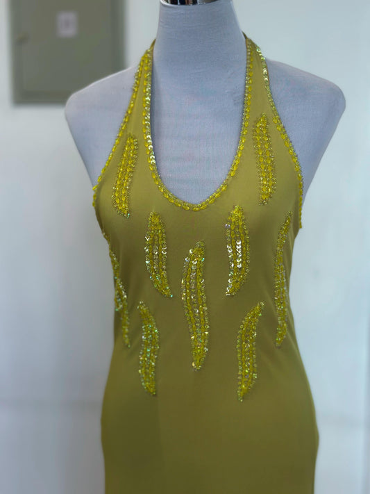 Vestido Halter Midi Amarillo Pastel con Mostacillas