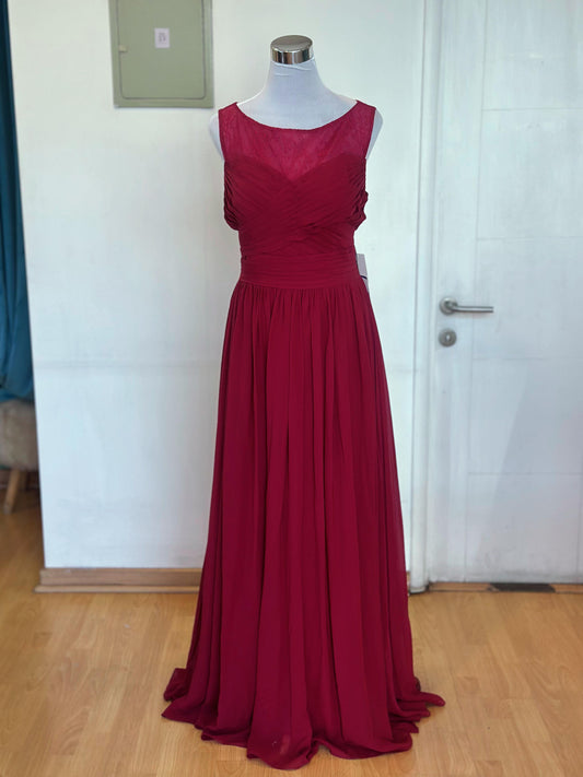 Vestido Burdeo Tipo Madrina con Encaje Transparente