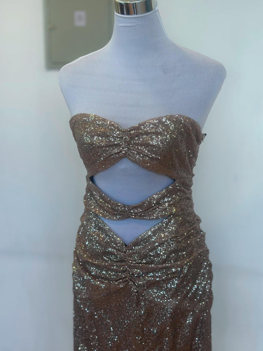 Vestido Strapless de Lentejuelas Dorado