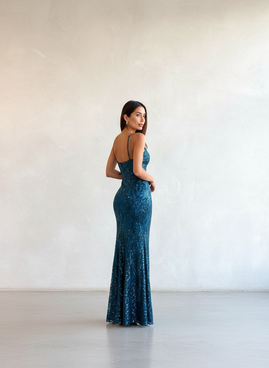 Vestido Lentejuelas - Azul Petroleo