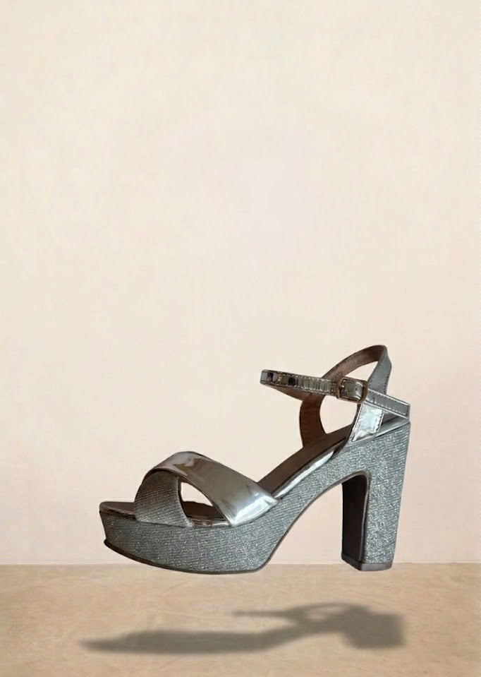 Sandalia Plataforma Plateado Brillos