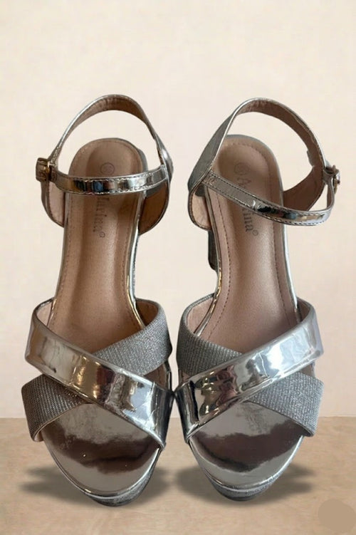 Sandalia Plataforma Plateado Brillos