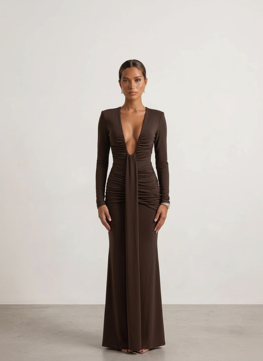 Vestido Manga Larga Escote V - Café Chocolate
