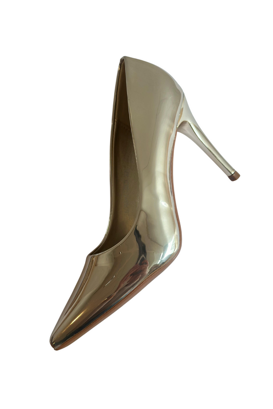 Zapatos Stiletto estilo reina en color dorado brillante con taco de 9,5 cm para eventos formales y fiestas